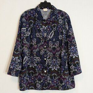 THE TOG SHOP Purple/Black Floral Heavyweight Button Blouse; 3/4 Sleeve; Size 18W